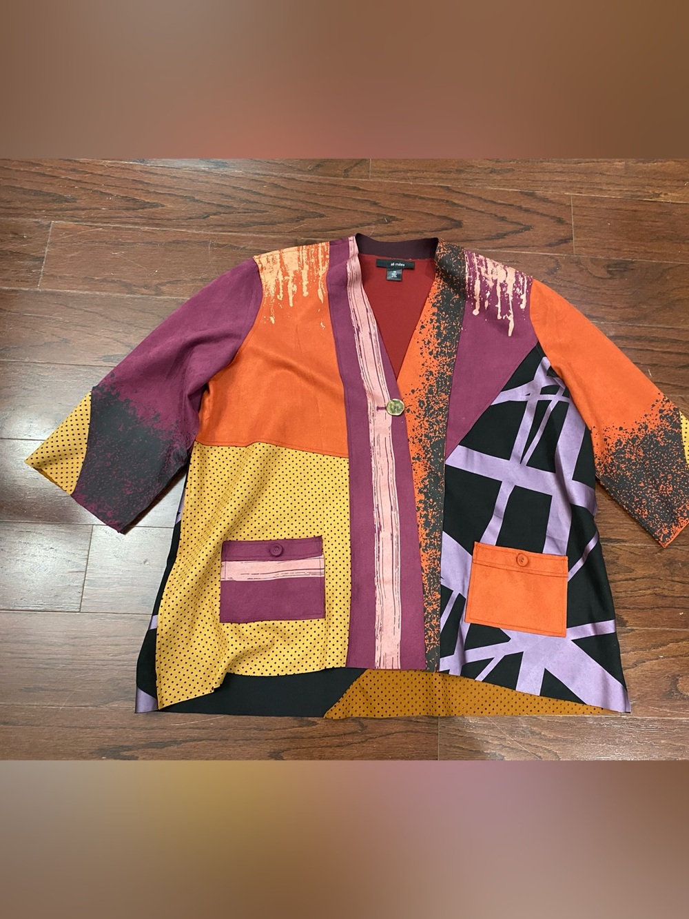 Ali Miles Jacket Womens 1X Faux Ultra Suede Patchwork Artsy Art To Wear Boho
